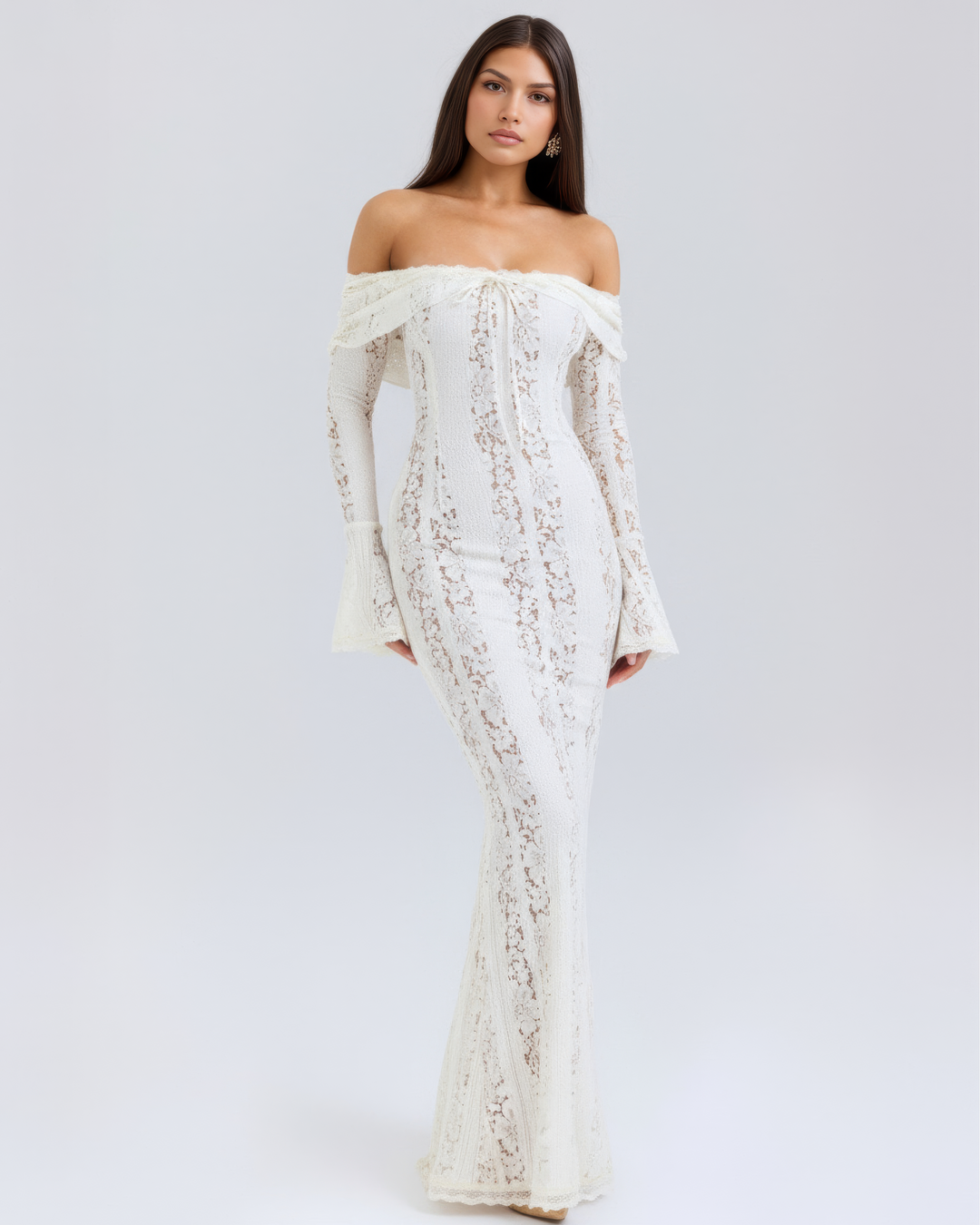 Lea | Robe Maxi de Mariage Ajustée à Épaules Dégagées pour Femmes