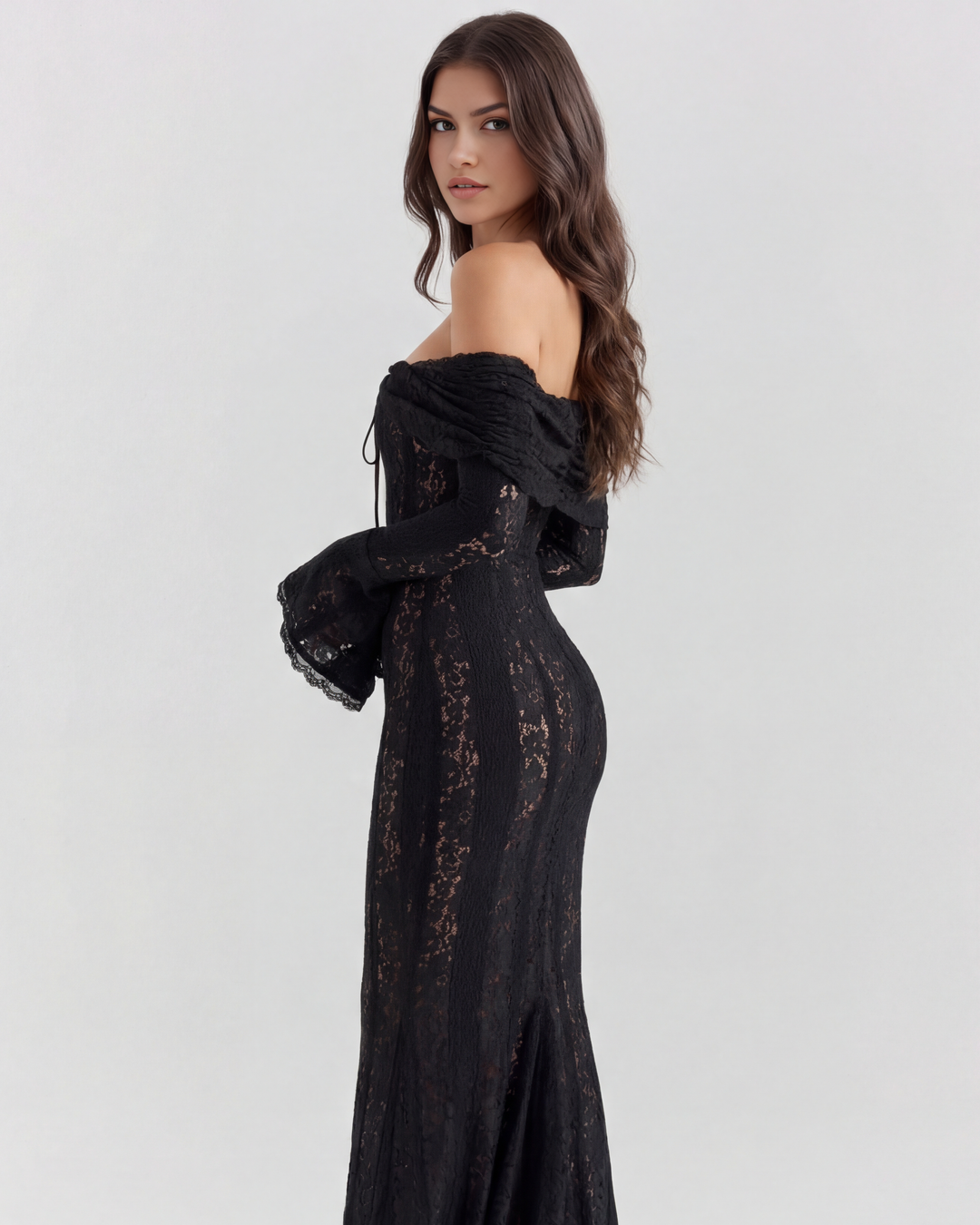 Lea | Robe Maxi de Mariage Ajustée à Épaules Dégagées pour Femmes