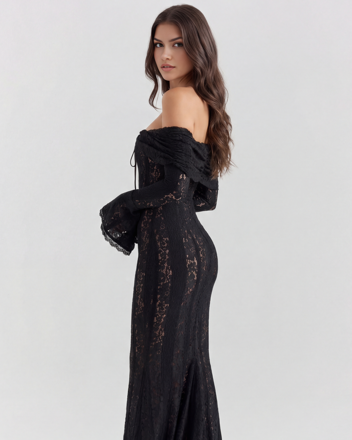 Lea | Robe Maxi de Mariage Ajustée à Épaules Dégagées pour Femmes