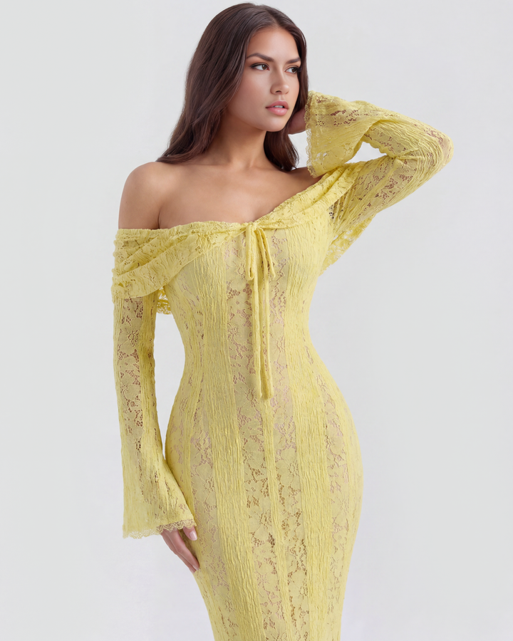 Lea | Robe Maxi de Mariage Ajustée à Épaules Dégagées pour Femmes