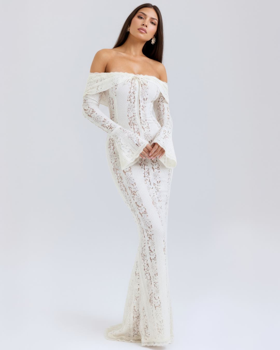 Lea | Robe Maxi de Mariage Ajustée à Épaules Dégagées pour Femmes