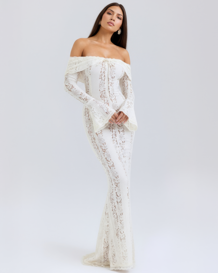 Lea | Robe Maxi de Mariage Ajustée à Épaules Dégagées pour Femmes