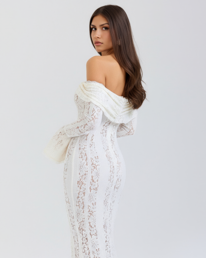 Lea | Robe Maxi de Mariage Ajustée à Épaules Dégagées pour Femmes