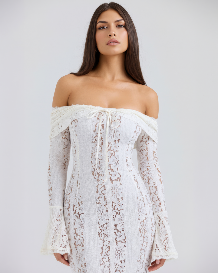 Lea | Robe Maxi de Mariage Ajustée à Épaules Dégagées pour Femmes