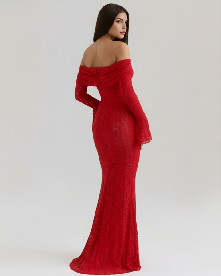 Lea | Robe Maxi de Mariage Ajustée à Épaules Dégagées pour Femmes