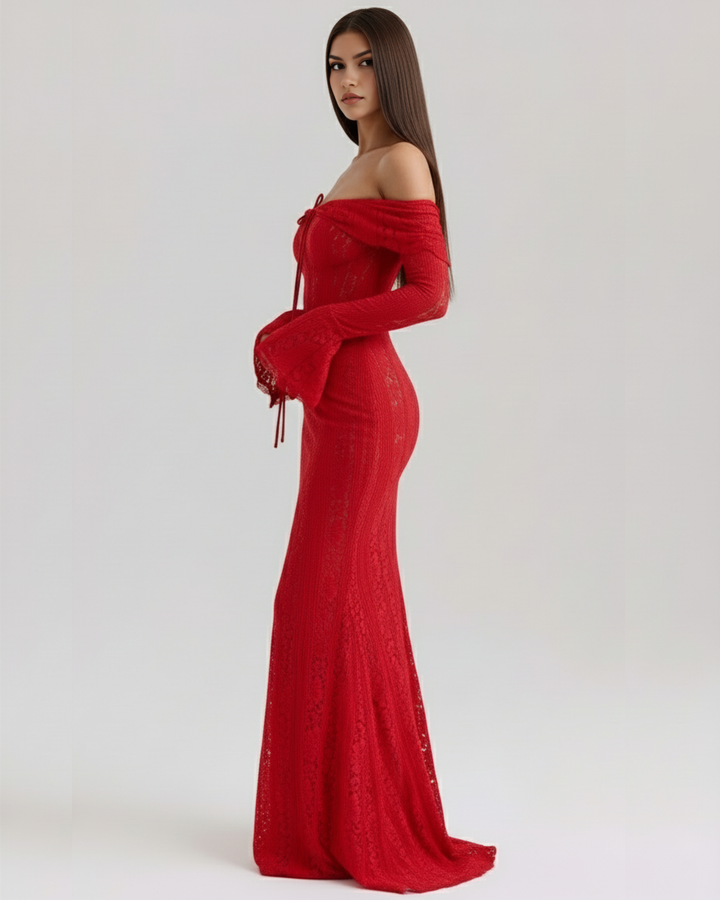 Lea | Robe Maxi de Mariage Ajustée à Épaules Dégagées pour Femmes