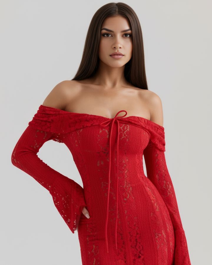 Lea | Robe Maxi de Mariage Ajustée à Épaules Dégagées pour Femmes