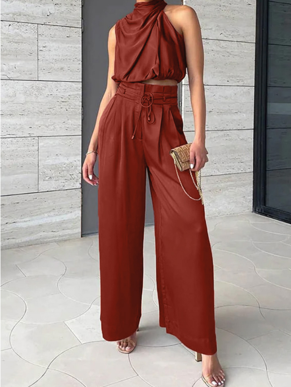 Leona | Ensemble Femme Top Crop à Col Halter Pantalon Large