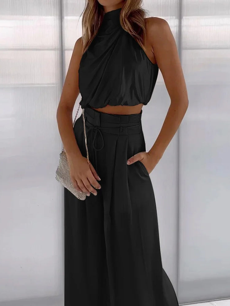 Leona | Ensemble Femme Top Crop à Col Halter Pantalon Large