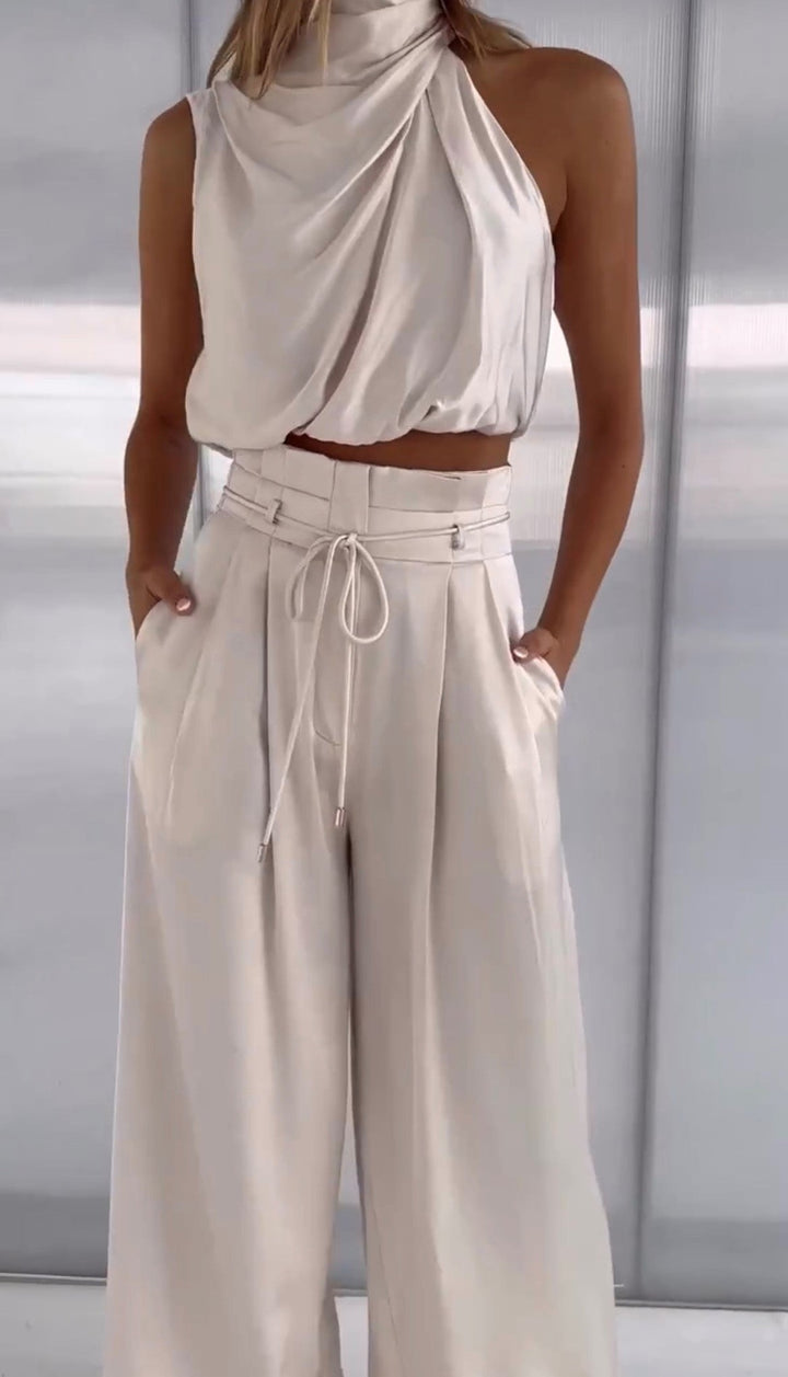 Leona | Ensemble Femme Top Crop à Col Halter Pantalon Large