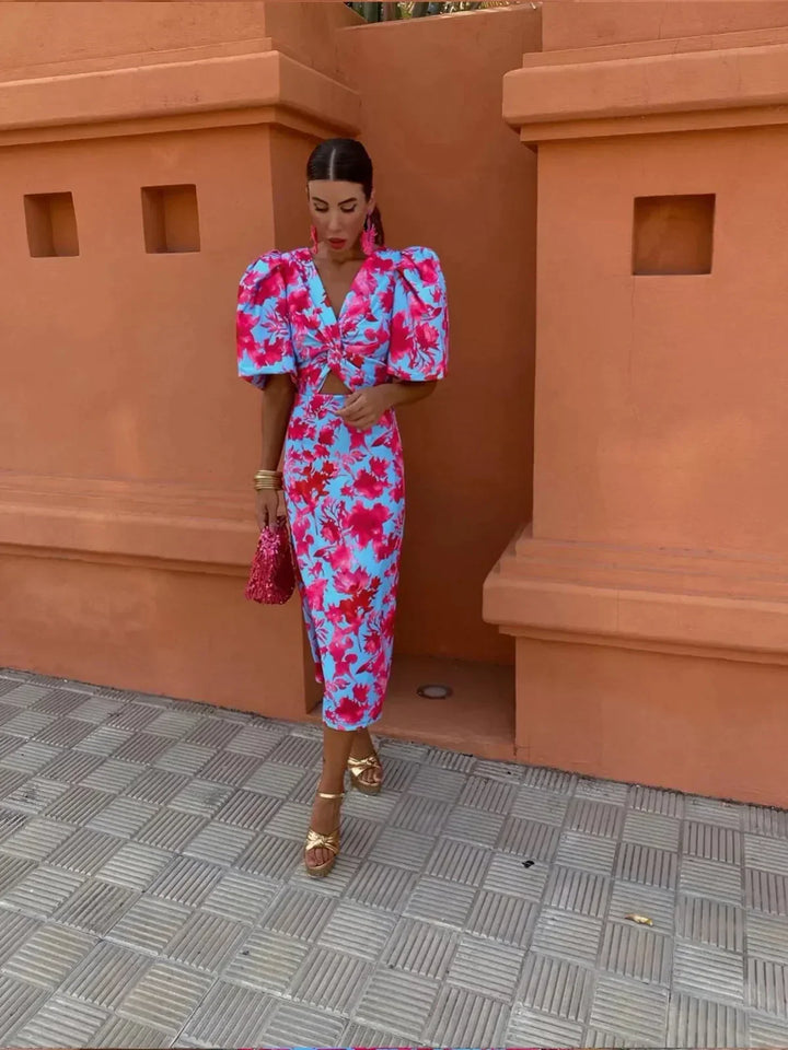 Arielle - Robe midi colorée avec des manches plissées
