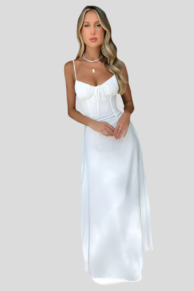 Elara – Robe maxi élégante avec design enveloppant et bretelles spaghetti