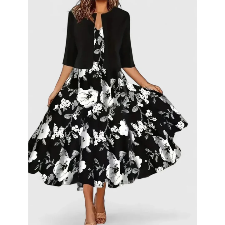 Melanie | Robe midi à motifs floraux pour femmes avec cardigan