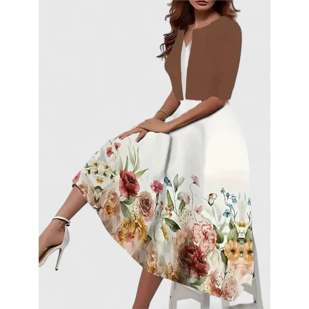 Melanie | Robe midi à motif floral pour femmes avec cardigan