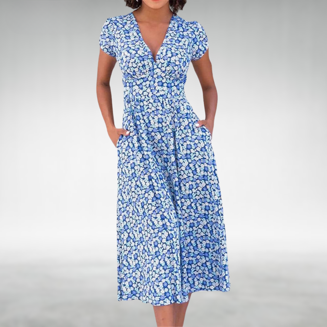 Margot | Robe mi-longue à motif floral avec décolleté en V pour femmes