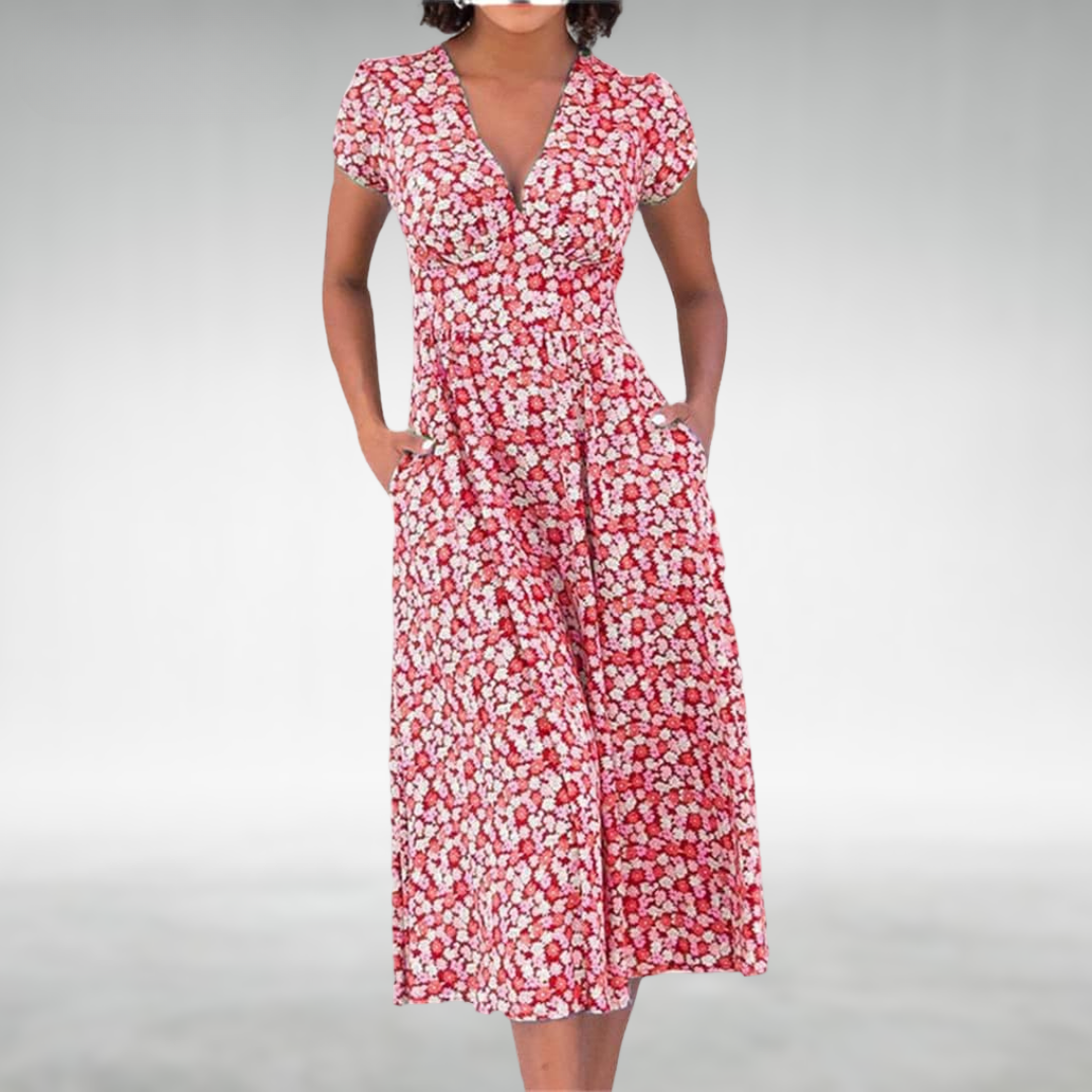Margot | Robe mi-longue à motif floral avec décolleté en V pour femmes