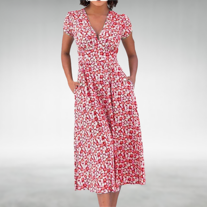 Margot | Robe mi-longue à motif floral avec décolleté en V pour femmes
