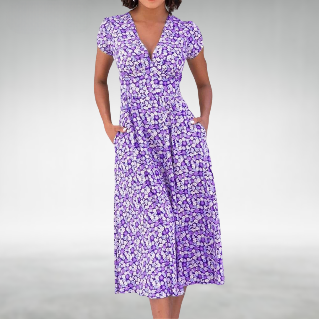 Margot | Robe mi-longue à motif floral avec décolleté en V pour femmes