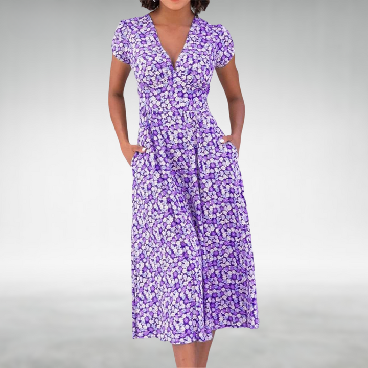 Margot | Robe mi-longue à motif floral avec décolleté en V pour femmes