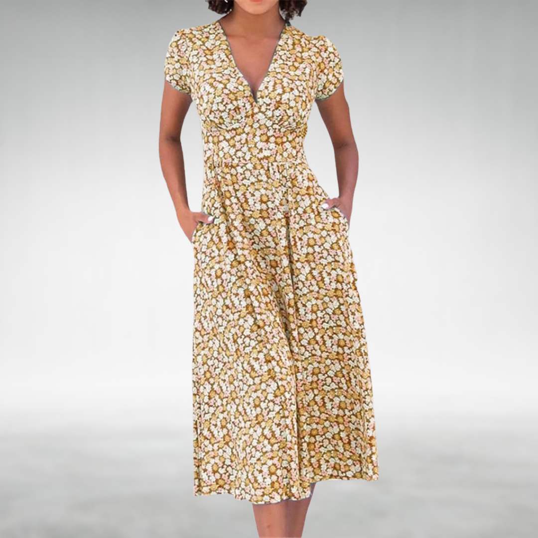 Margot | Robe mi-longue à motif floral avec décolleté en V pour femmes