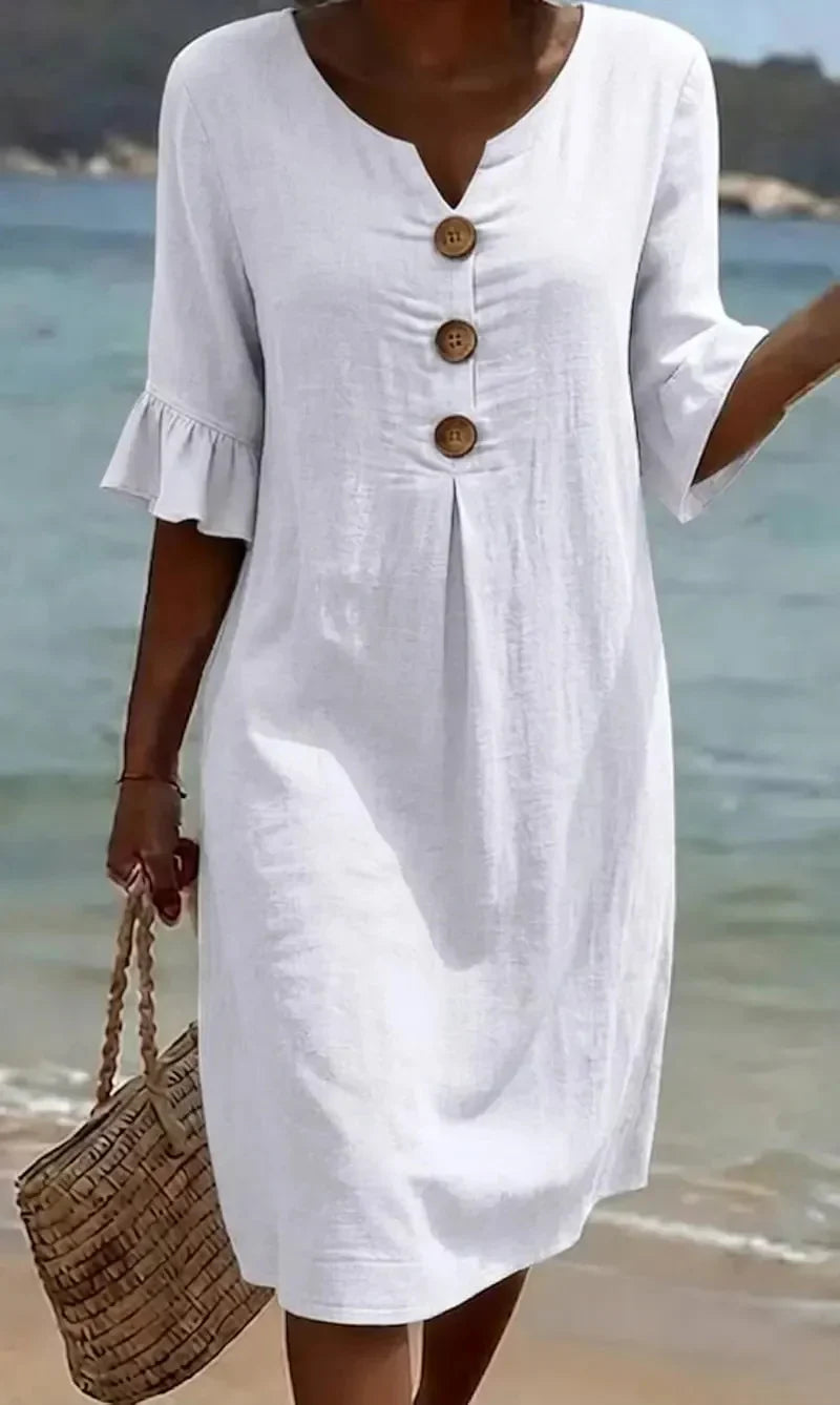 Marlene | Robe midi avec boutons en bois et manches à volants