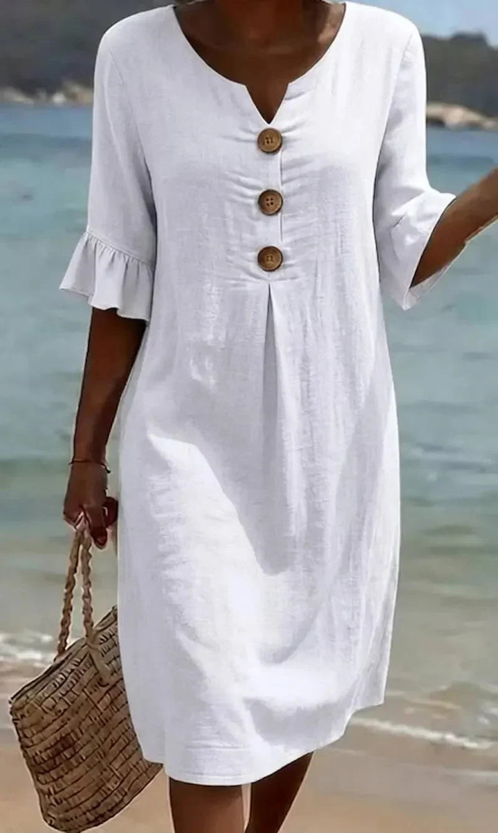 Marlene | Robe midi avec boutons en bois et manches à volants