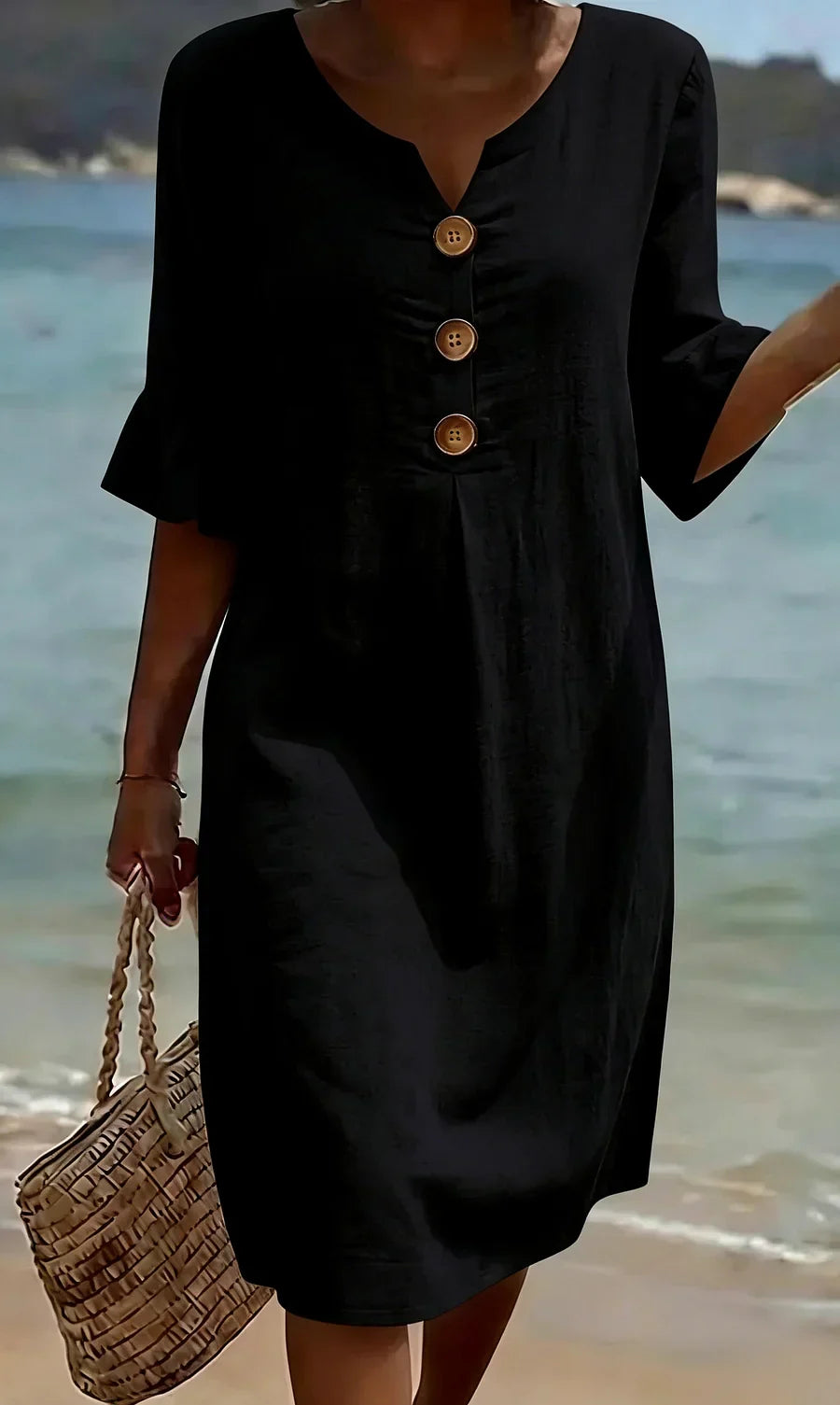 Marlene | Robe midi avec boutons en bois et manches à volants