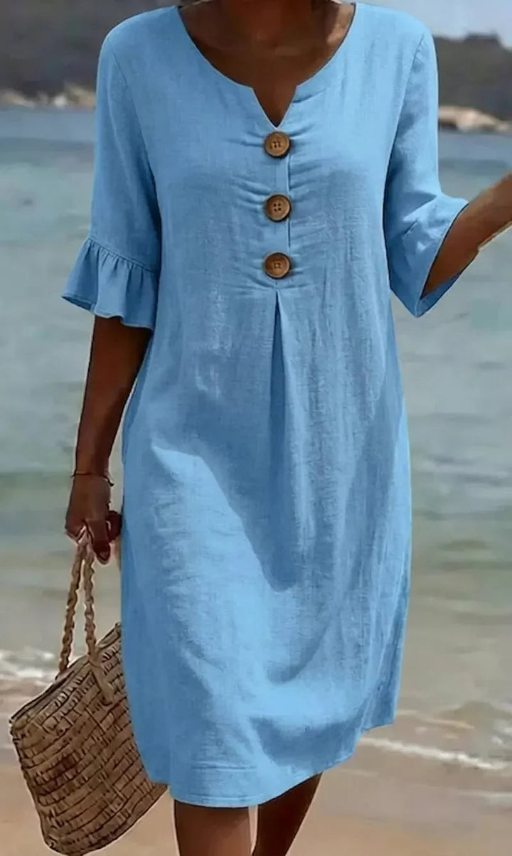 Marlene | Robe midi avec boutons en bois et manches à volants