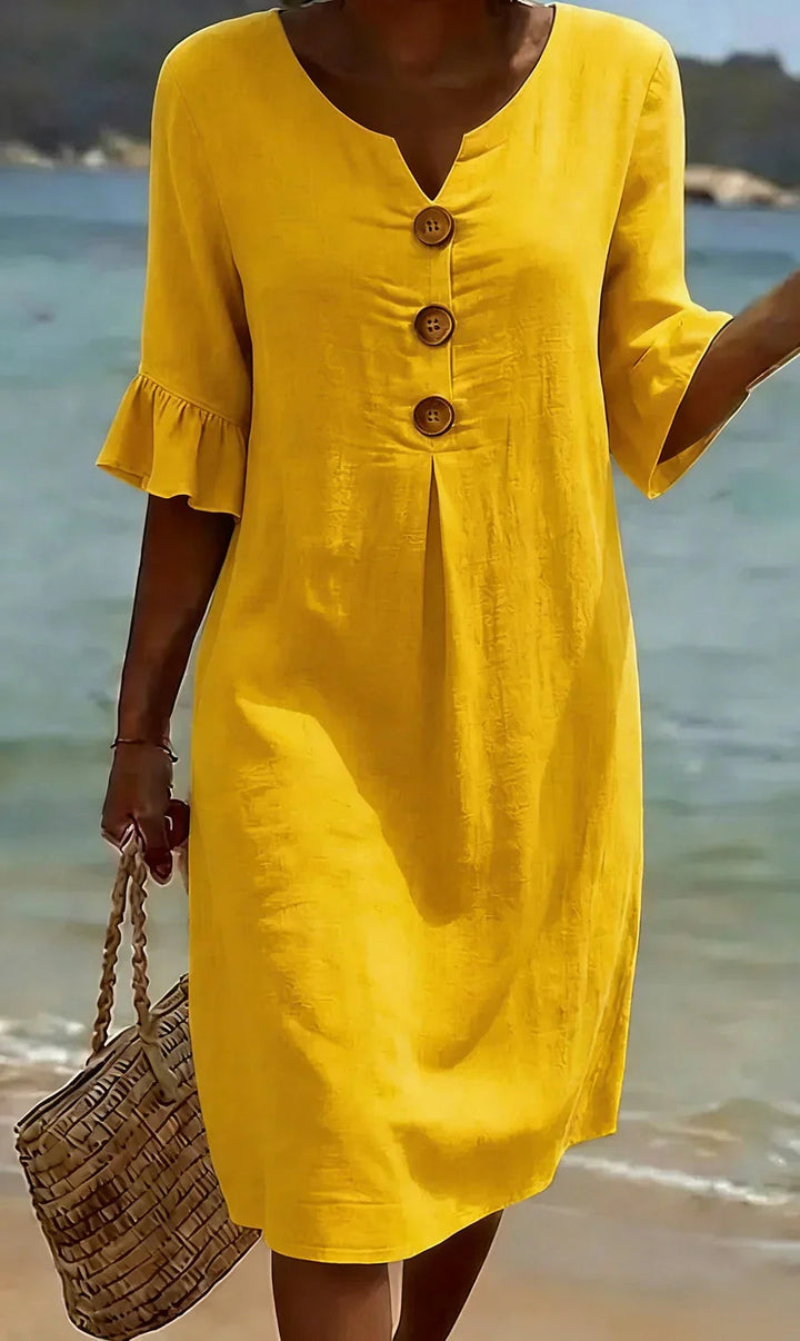 Marlene | Robe midi avec boutons en bois et manches à volants