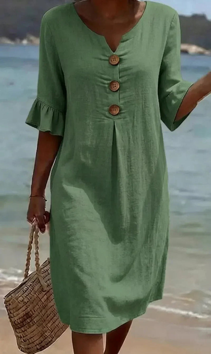 Marlene | Robe midi avec boutons en bois et manches à volants