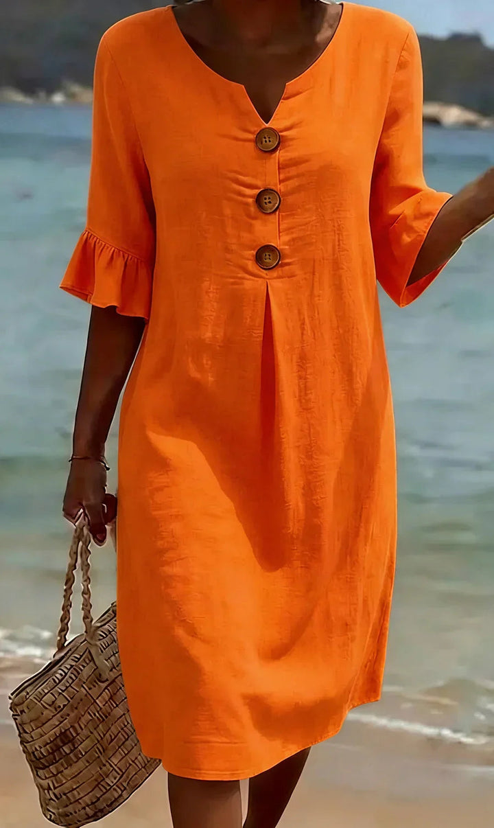 Marlene | Robe midi avec boutons en bois et manches à volants