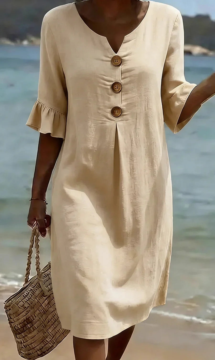 Marlene | Robe midi avec boutons en bois et manches à volants