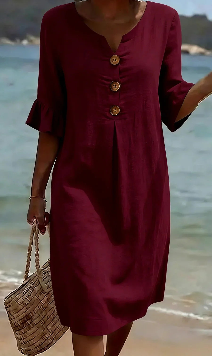 Marlene | Robe midi avec boutons en bois et manches à volants