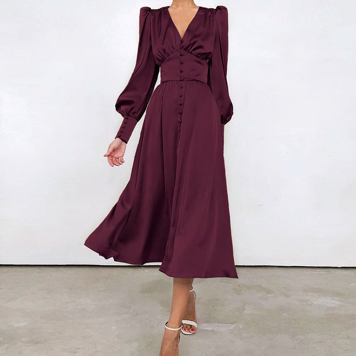 Marlina | Robe Midi à Manches Longues et Décolleté en V pour Femmes