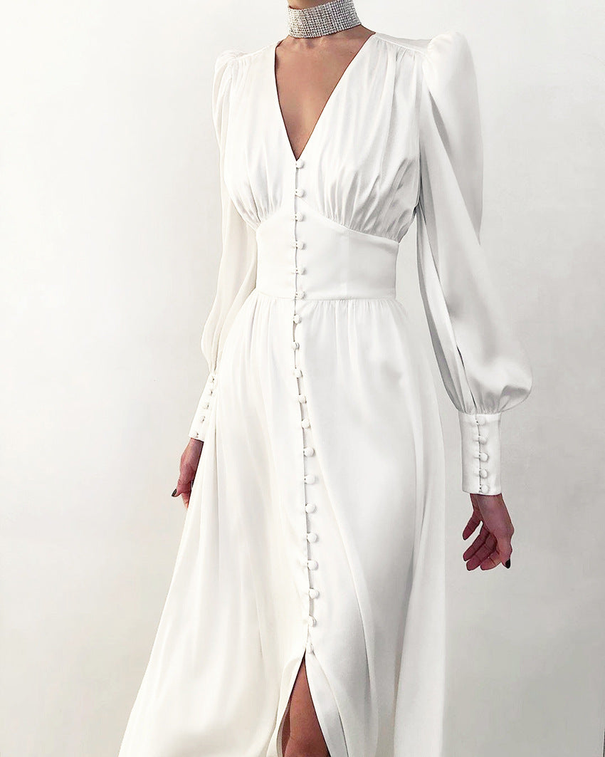 Marlina | Robe Midi à Manches Longues et Décolleté en V pour Femmes