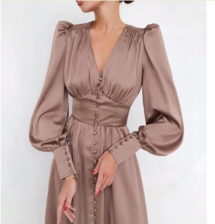 Marlina | Robe Midi à Manches Longues et Décolleté en V pour Femmes