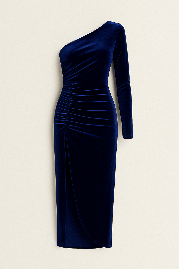 Robe midi en velours à épaule unique avec volants