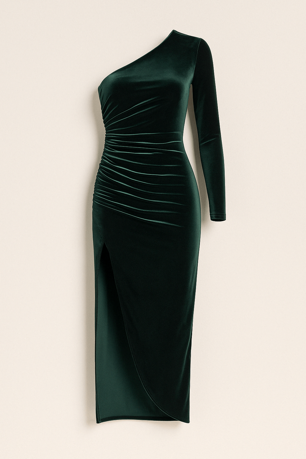 Robe midi en velours à épaule unique avec volants