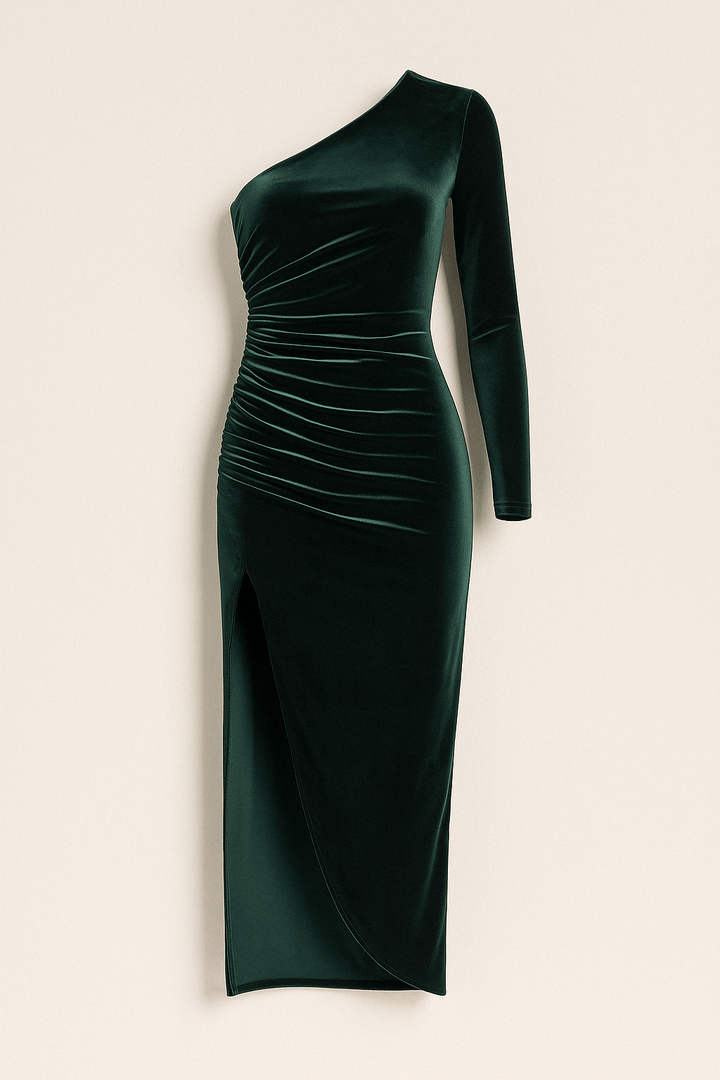 Robe midi en velours à épaule unique avec volants