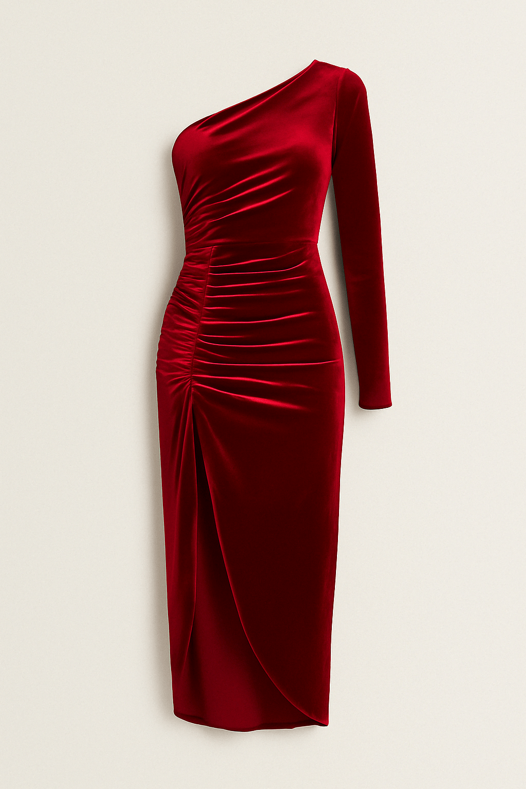Robe midi en velours à épaule unique avec volants