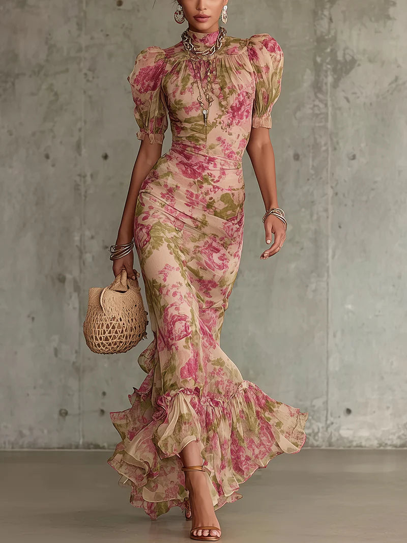 Penelope | Robe Maxi à Fleurs à Manches Bouffantes pour Femmes