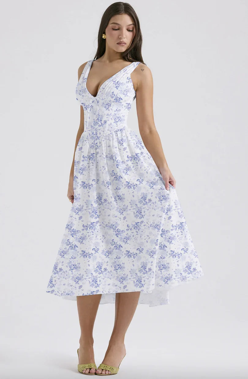 Ariana - Robe midi avec décolleté en V, corset et jupe évasée