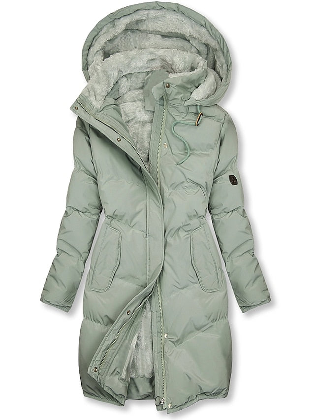 Veste d'hiver femme doublée avec capuche | Longue avec fermeture éclair et boutons