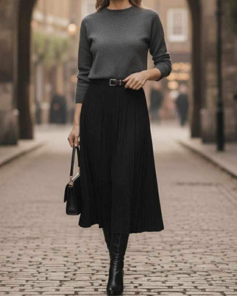 Jupe midi plissée en A pour femmes – Jupe midi avec ceinture