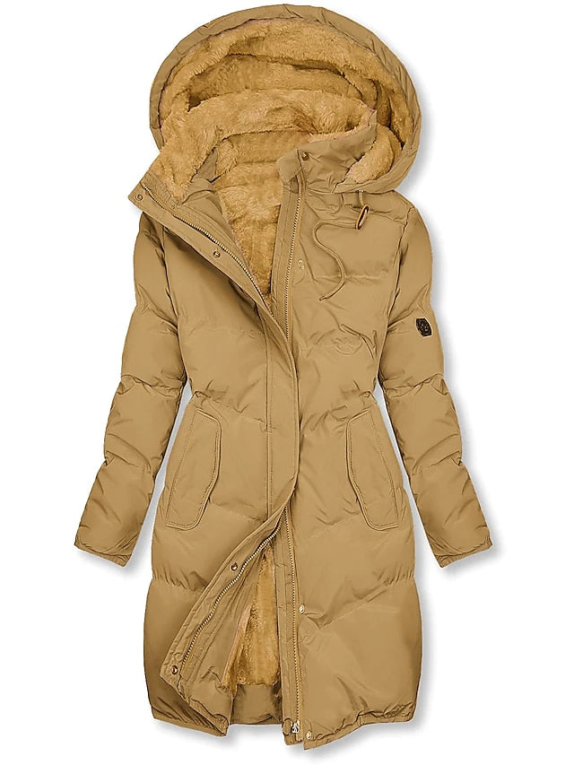 Veste d'hiver femme doublée avec capuche | Longue avec fermeture éclair et boutons