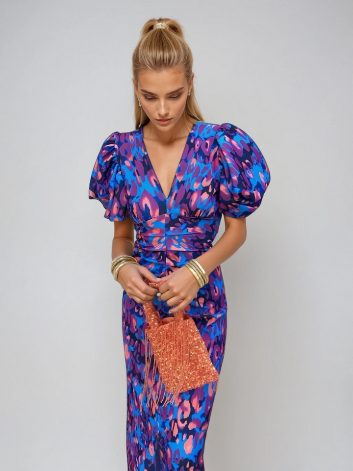 Arielle - Robe midi colorée avec des manches plissées