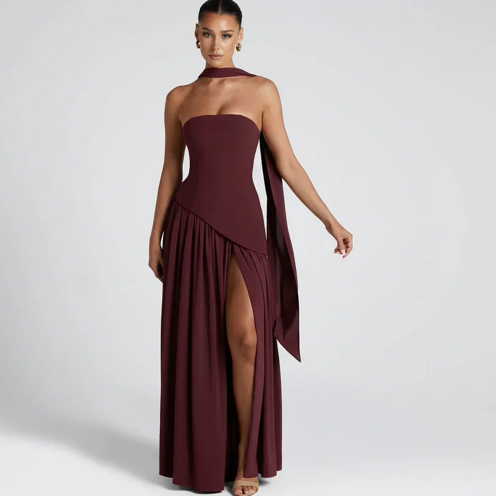 Nathalie | Robe Maxi Femme Style Corset Détail Châle Fente Haute – Corset Maxi 2026