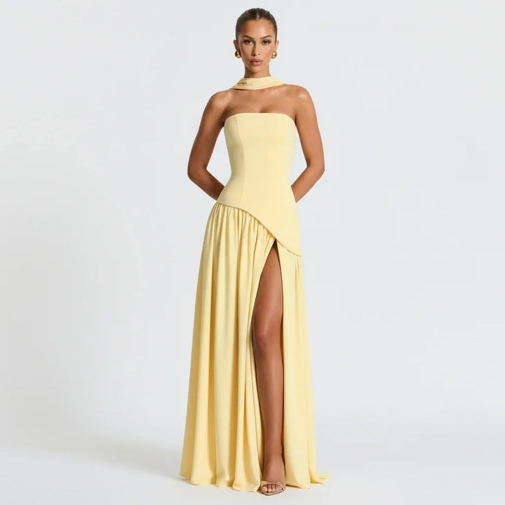 Nathalie | Robe Maxi Femme Style Corset Détail Châle Fente Haute – Corset Maxi 2026