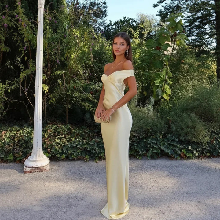 Wanda | Robe Maxi Satin Jaune Sans Épaules pour Femmes – Satin Maxi Sans Épaules 2026