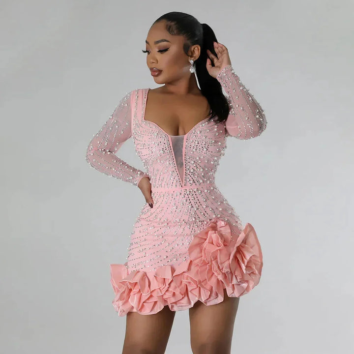 Xenia | Robe de soirée courte pour femmes décolleté en V profond à manches longues – Mini robe de soirée 2026
